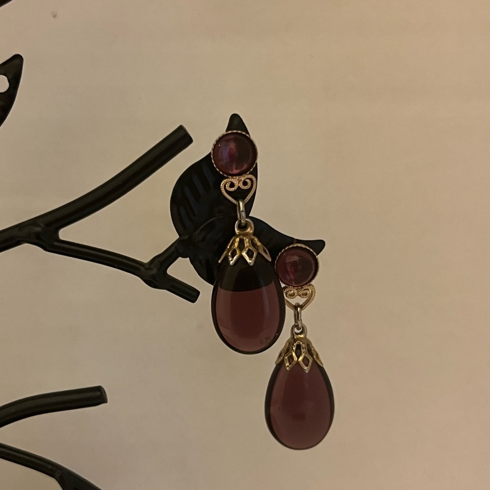 Vintage Goldtone Purple Glass Dangle Post Earrings